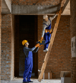 Two workers on a construction site, one on the stairs handing something to the other below