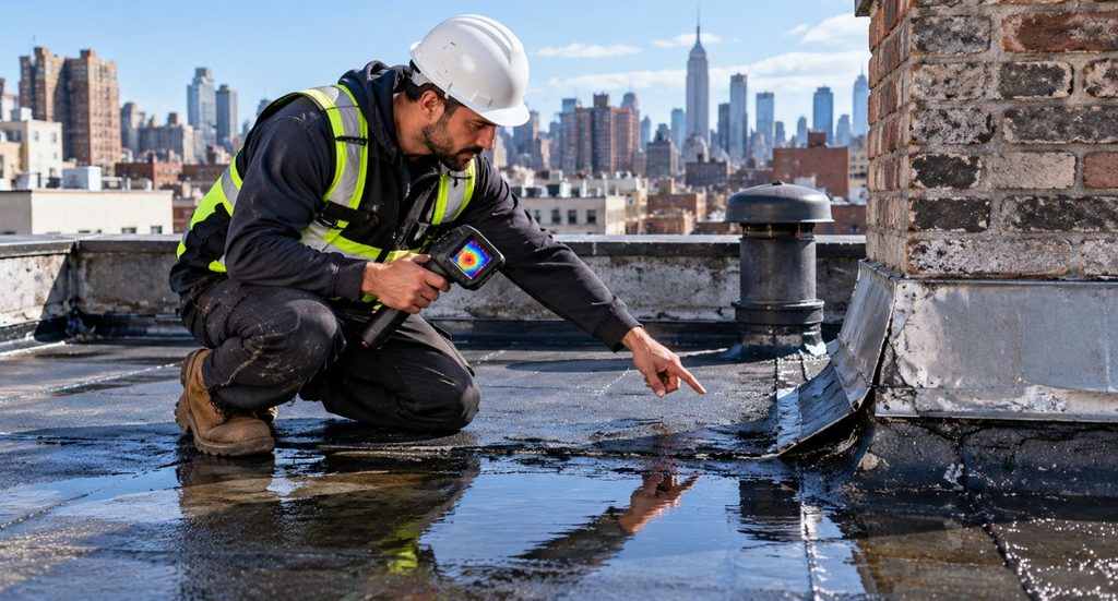 Roof Leak Repair professional inspecting a damaged flat roof and flashing in NYC