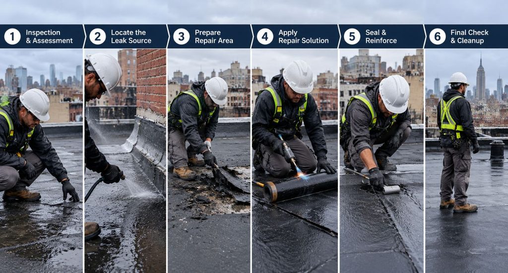 Step-by-step roof leak repair process showing inspection, leak detection, repair, sealing, reinforcement, and final cleanup on an NYC flat roof