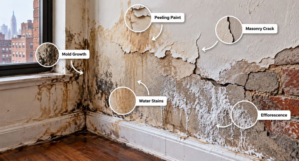 Water-damaged NYC wall showing peeling paint, masonry cracks, water stains, mold growth, and efflorescence