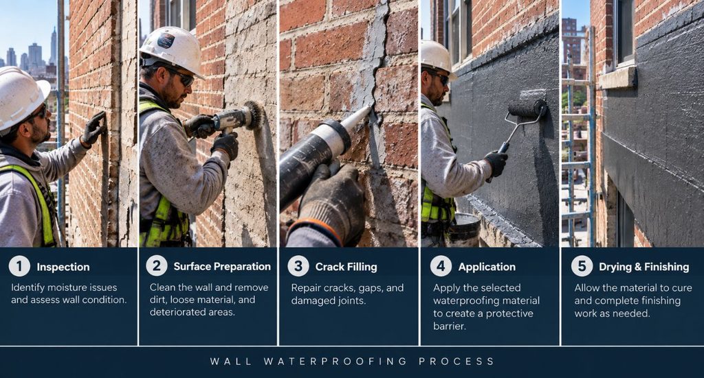 Step-by-step wall waterproofing process showing inspection, surface preparation, crack filling, waterproofing application, and drying on an NYC brick wall