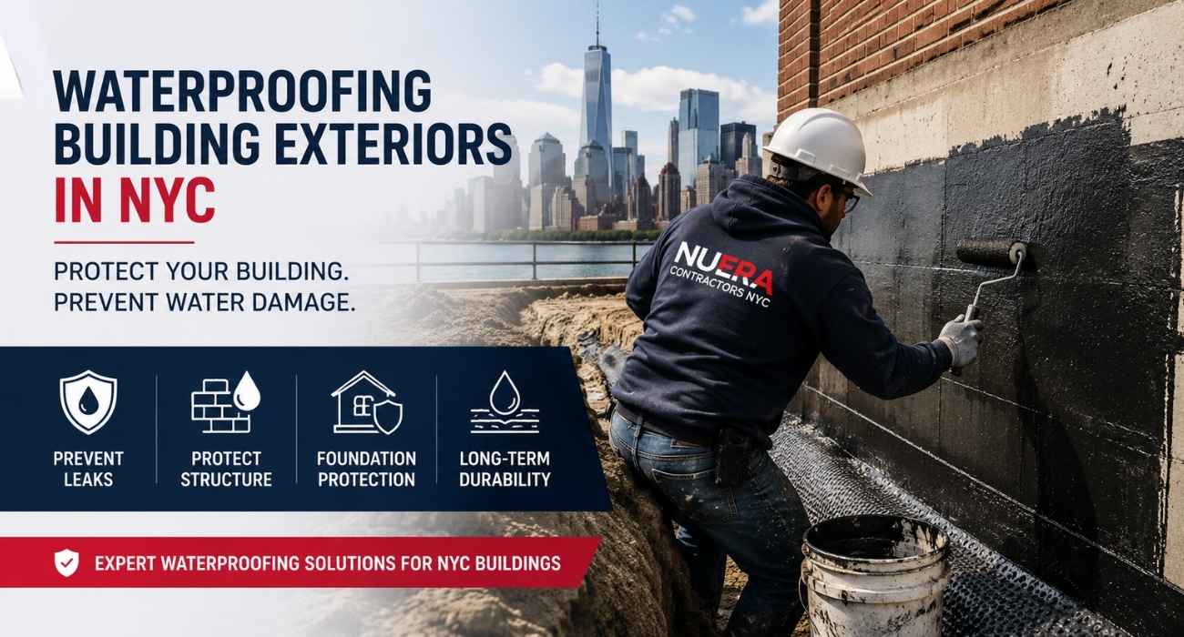 Professional contractor applying waterproof coating to a building foundation wall in NYC to prevent water damage, leaks, and moisture intrusion through exterior waterproofing.