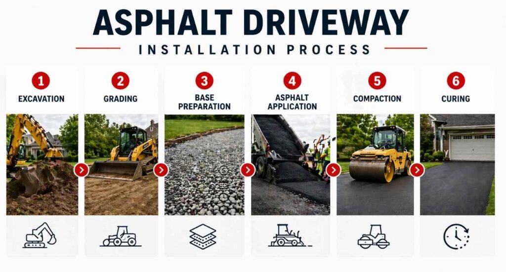 asphalt driveway installation steps showing excavation, grading, base, paving, compaction and curing process
