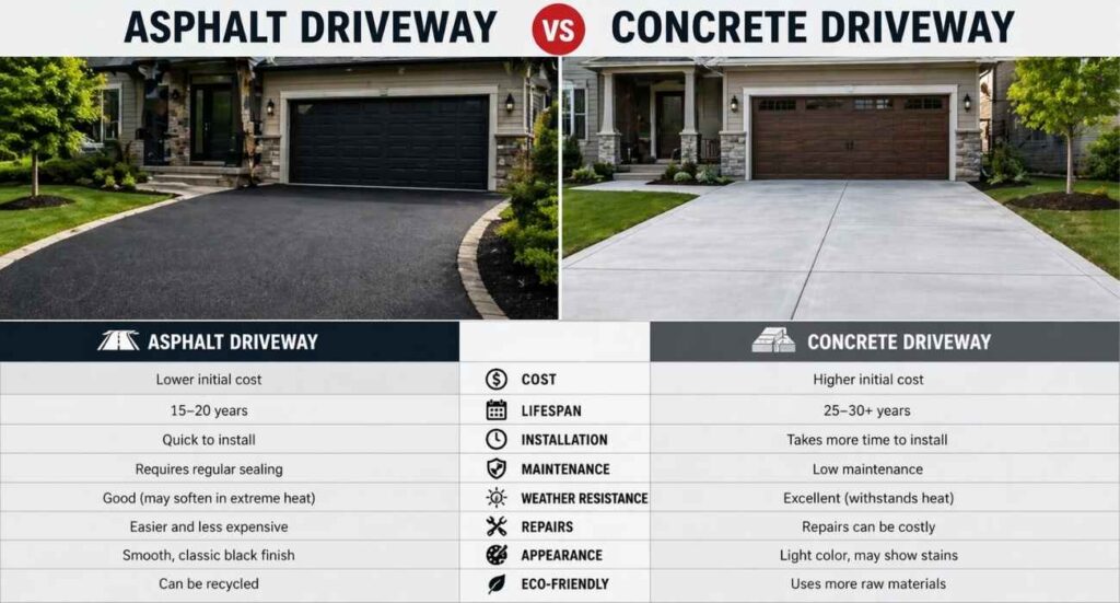 asphalt driveway vs concrete driveway comparison showing cost, lifespan, installation, maintenance, and performance differences