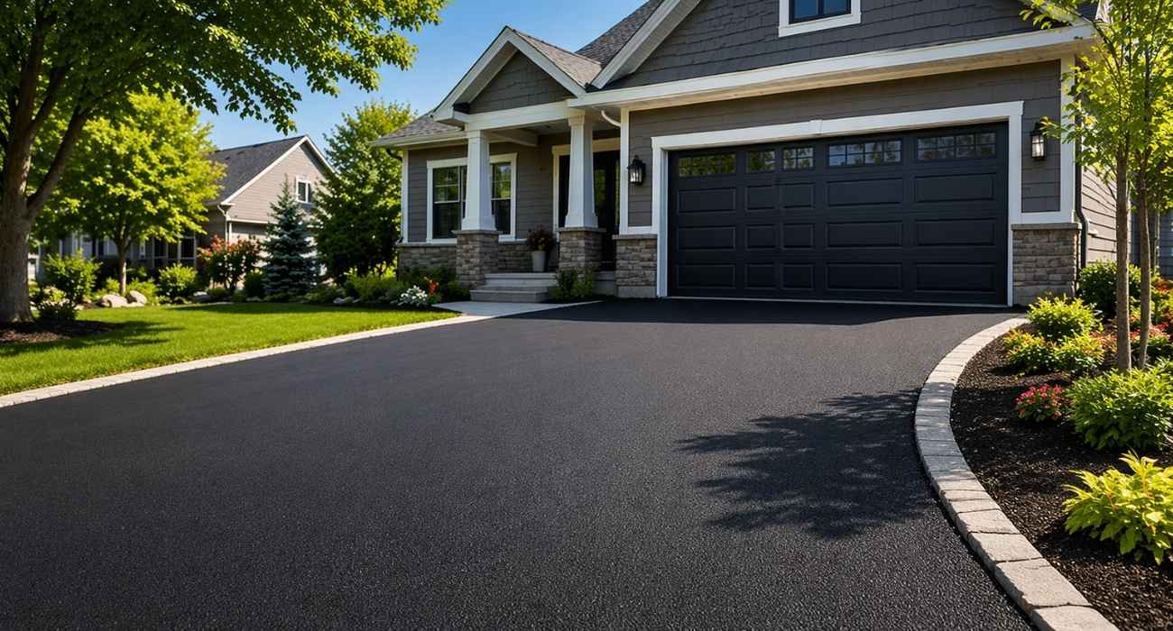 newly installed asphalt driveway at residential home showing smooth black surface and clean curb appeal