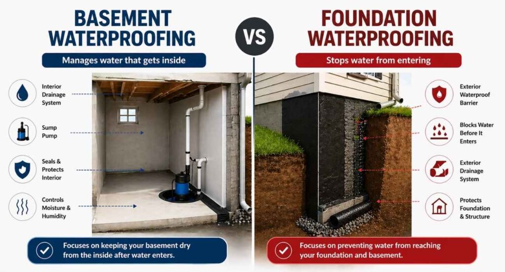 basement vs foundation waterproofing comparison showing interior drainage system and exterior waterproof barrier protection