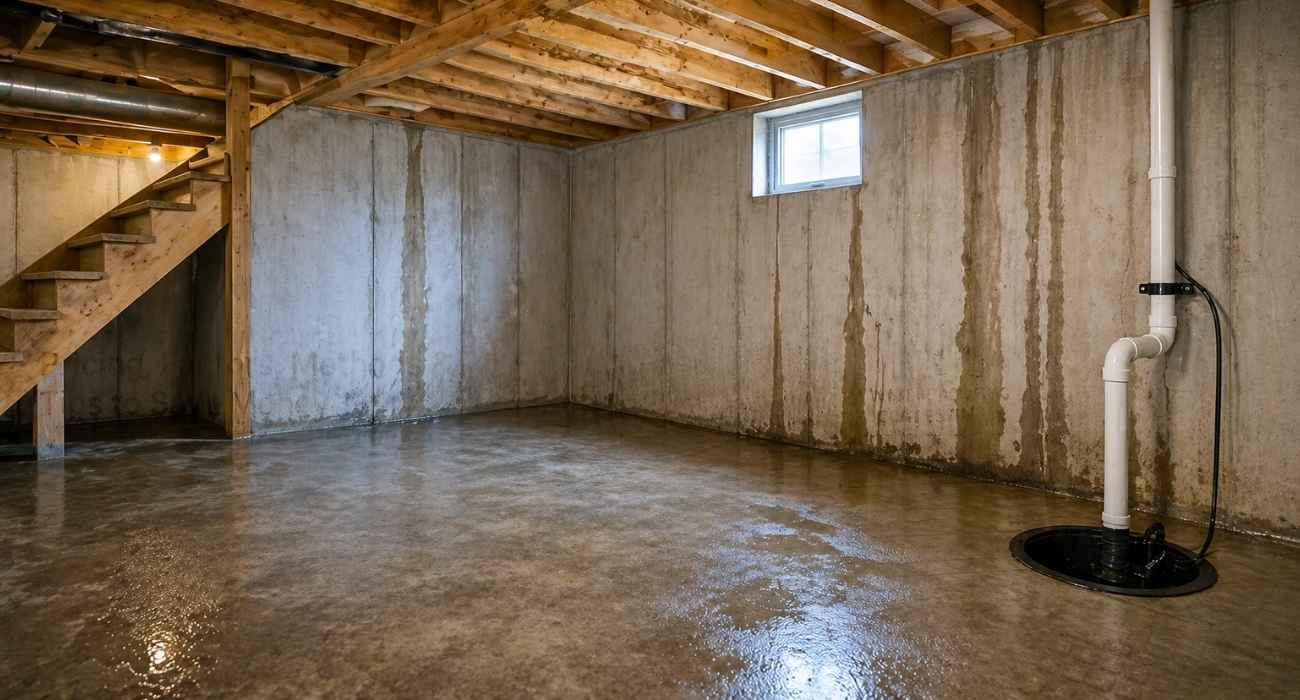 basement waterproofing cost concept showing wet basement with water stains and sump pump system for drainage