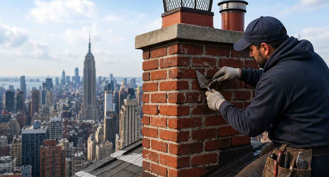 chimney repair near me in NYC worker fixing brick chimney on rooftop