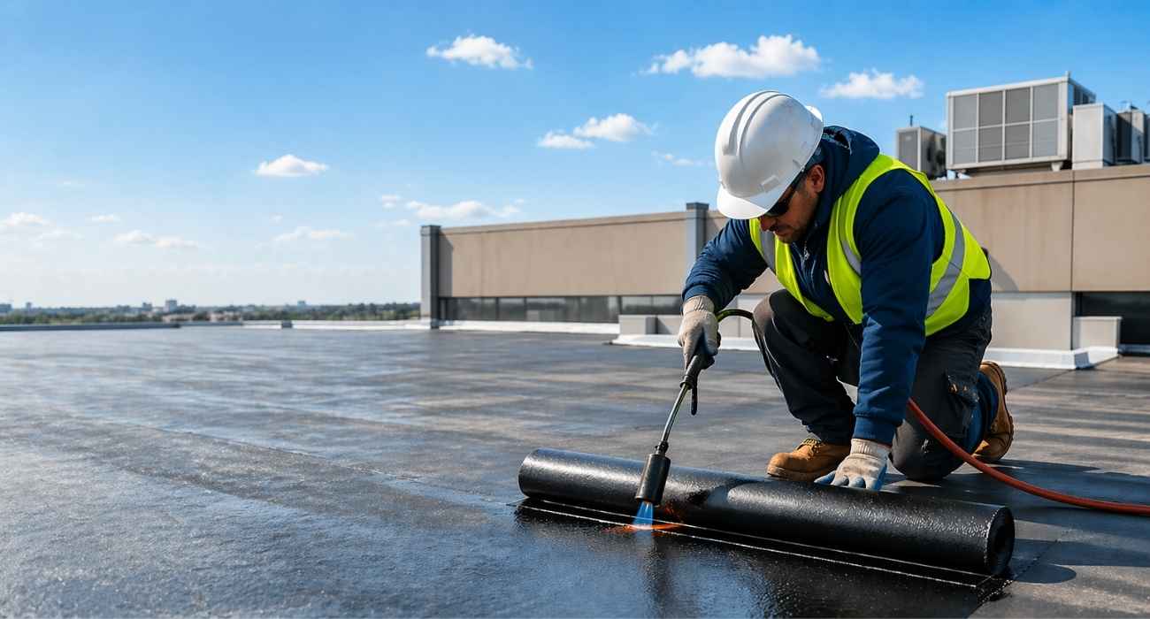 Commercial roofing worker installing a flat roof membrane using a torch on a sunny rooftop, showcasing professional roof repair and waterproofing service.