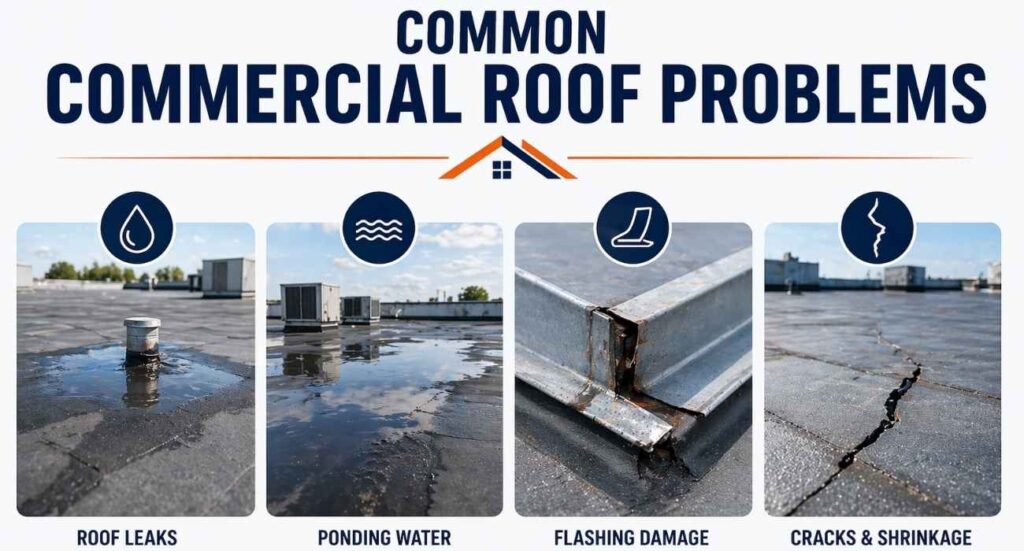 commercial roof repair work on flat roof showing worker fixing membrane to prevent leaks and improve durability