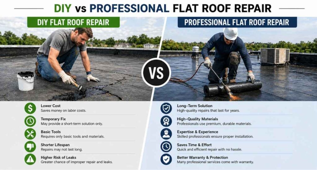 DIY vs professional flat roof repair comparison showing homeowner patching roof and contractor using torch repair method