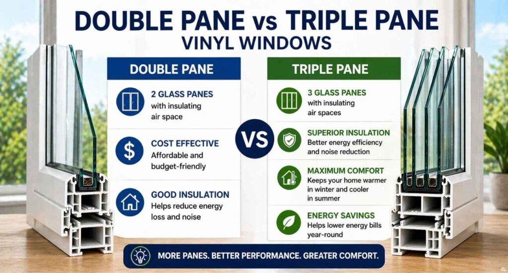 Comparison of double pane vs triple pane vinyl windows showing glass layers, insulation benefits, energy efficiency, and comfort differences in a clear side-by-side layout