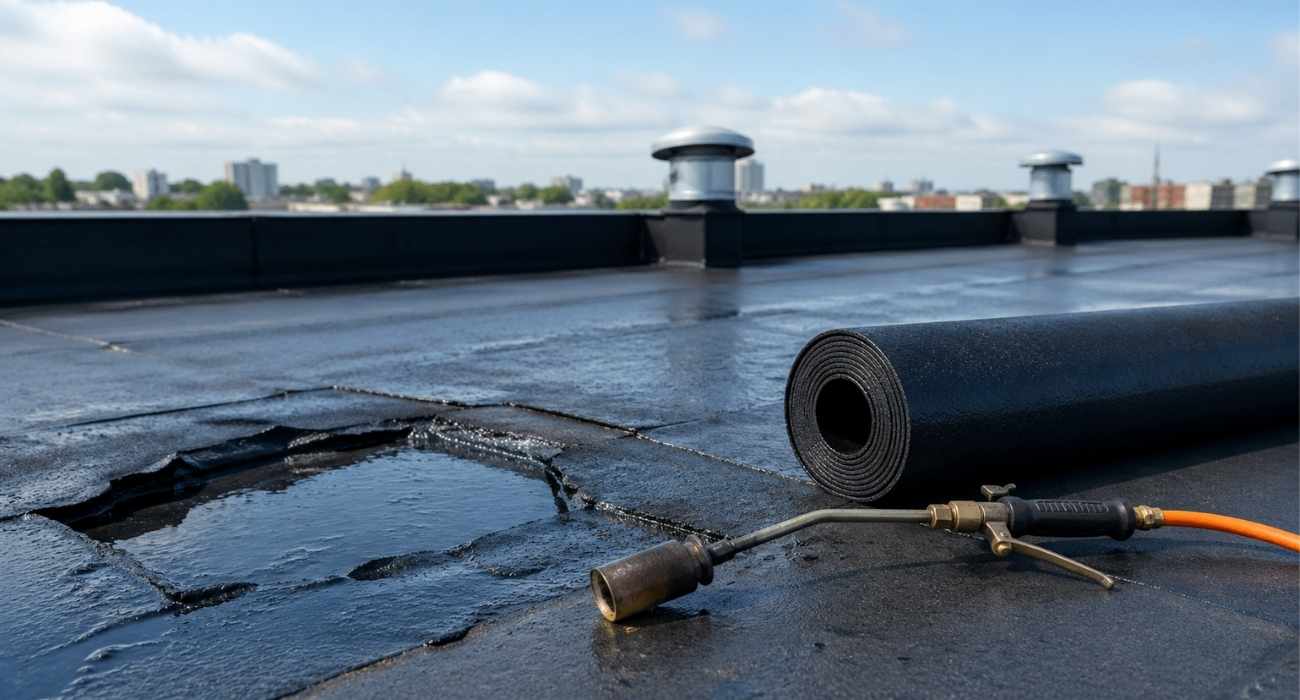 flat roof repair work showing damaged roofing membrane with water pooling and repair tools on a commercial building roof