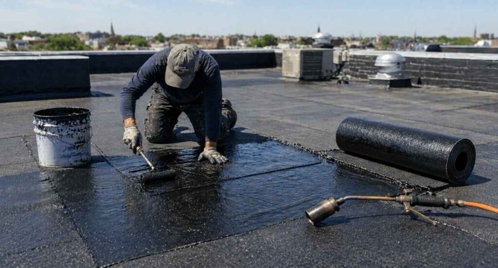 flat roof repair contractor applying waterproof coating on damaged roof surface with tools and membrane roll