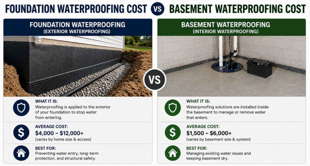 “foundation waterproofing cost vs basement waterproofing cost comparison showing exterior and interior waterproofing methods and pricing differences