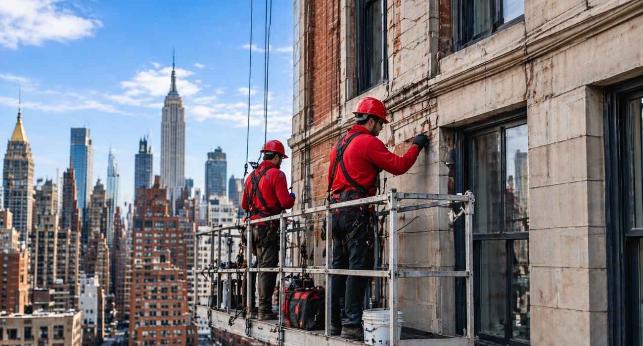 NYC Local Law 11 facade inspection workers inspecting high-rise building exterior wall using suspended scaffold in New York City