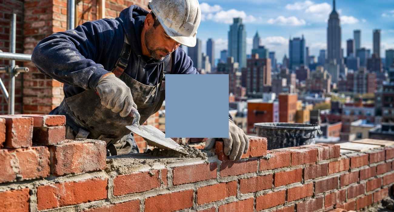 Masonry contractors near me working on brick wall construction at a NYC rooftop site with professional masonry installation and city skyline in background.