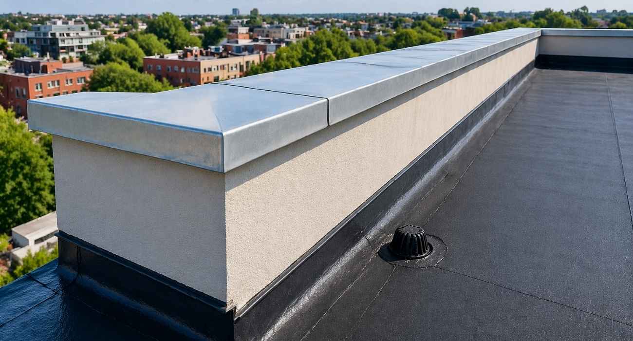 parapet roof with wall coping and flat roof waterproofing detail