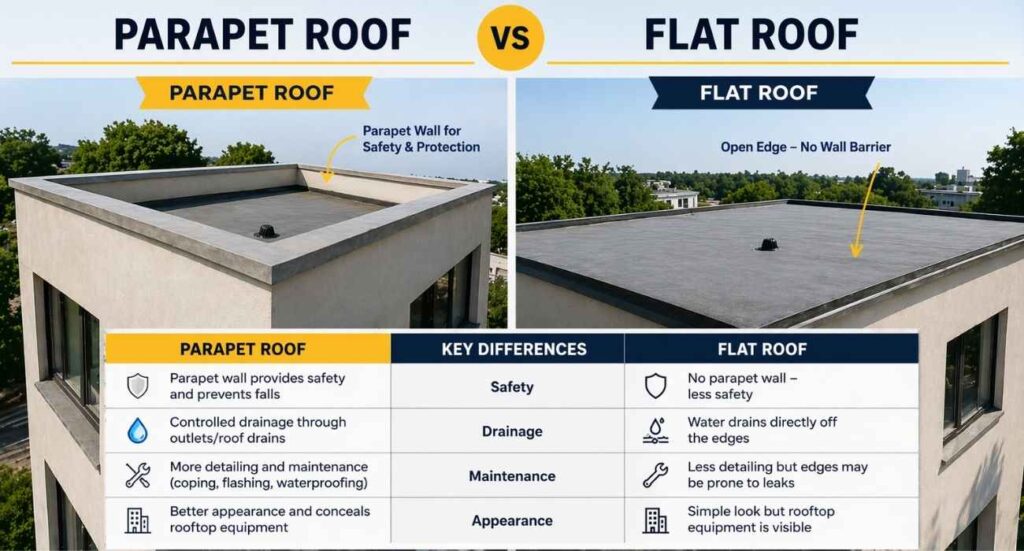 parapet roof vs flat roof comparison showing wall edge and open roof design