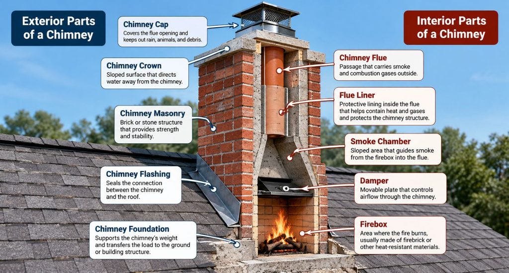 Parts of a chimney diagram showing the cap, crown, flue, liner, damper, and firebox