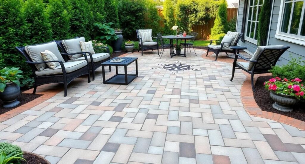 finished paver patio backyard outdoor living space modern design