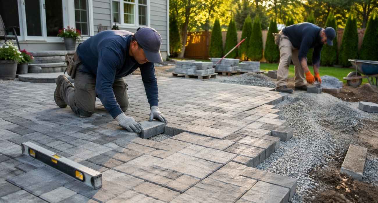 paver patio cost installed showing new backyard patio with concrete pavers and professional installation work