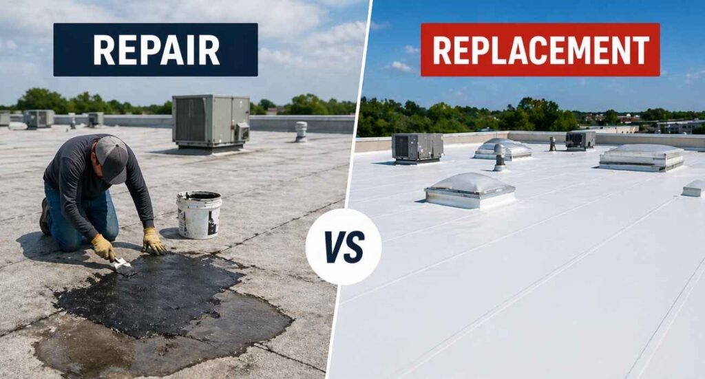 comparison of commercial roof repair and replacement showing localized patch repair versus full new roof installation on flat commercial building