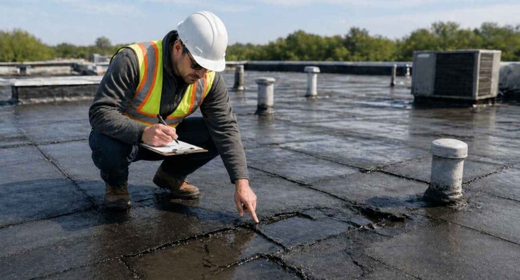 flat roof inspection showing contractor checking cracks and water pooling on commercial rooftop