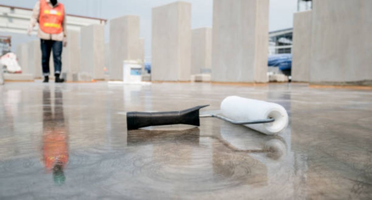 Thoroseal concrete waterproofing coating applied on rooftop slab with roller, worker inspecting surface finish in background