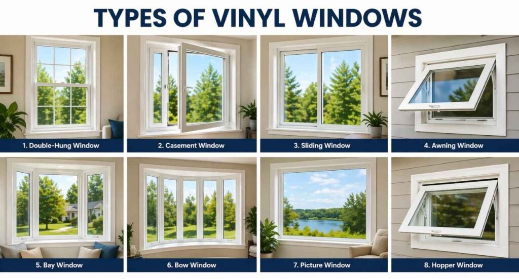 Different types of vinyl windows including double-hung, casement, sliding, awning, and bay windows installed in a modern home setting