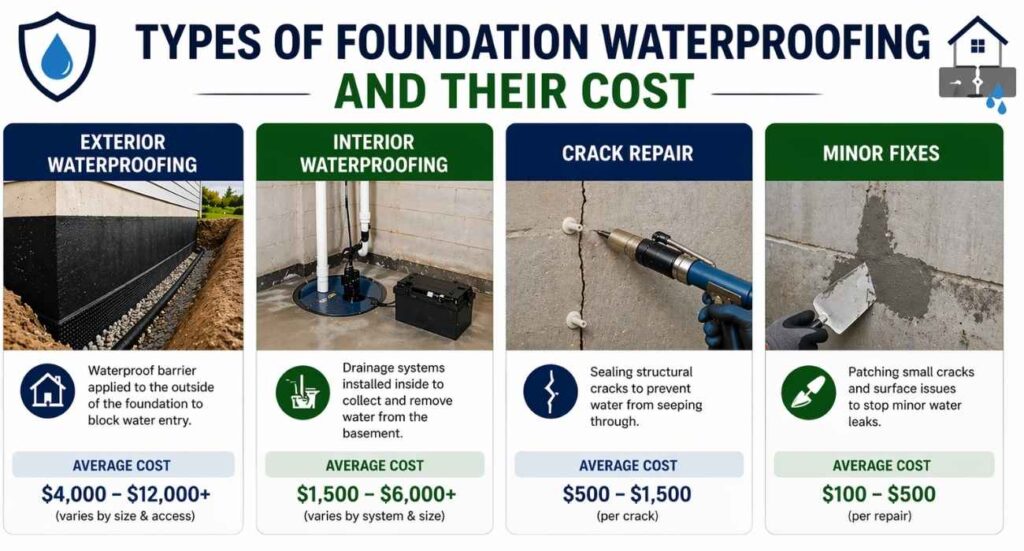 types of foundation waterproofing and their cost including interior waterproofing, exterior waterproofing, crack repair, and minor fixes