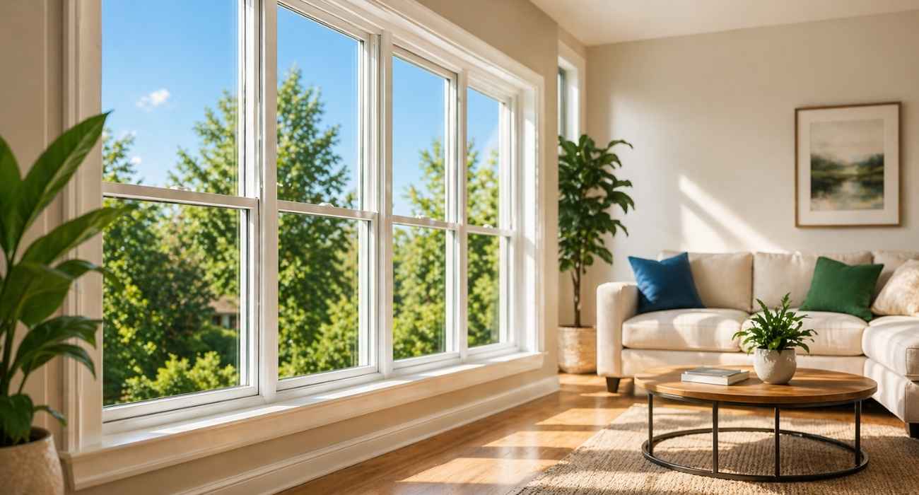 Sunlit modern living room with large vinyl windows providing natural light and outdoor view, showcasing energy-efficient home design