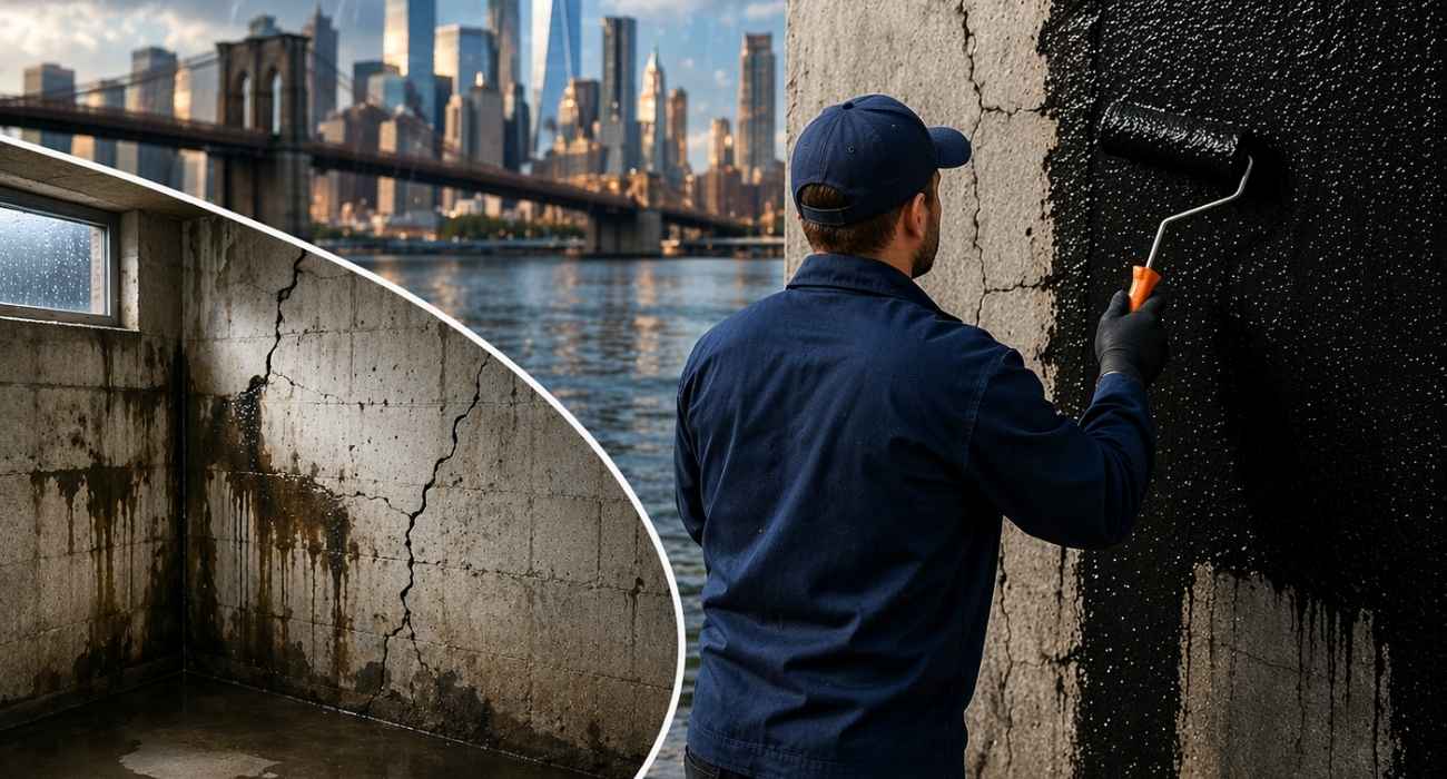 concrete waterproofing experts applying waterproof coating on cracked wall with water damage in background