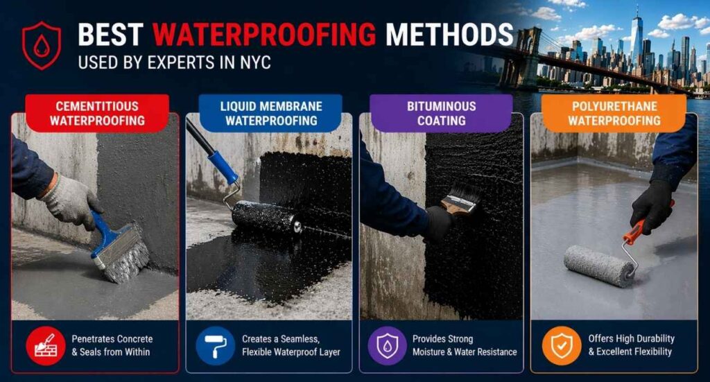 comparison of concrete waterproofing methods showing cementitious, liquid membrane, bituminous, and polyurethane solutions