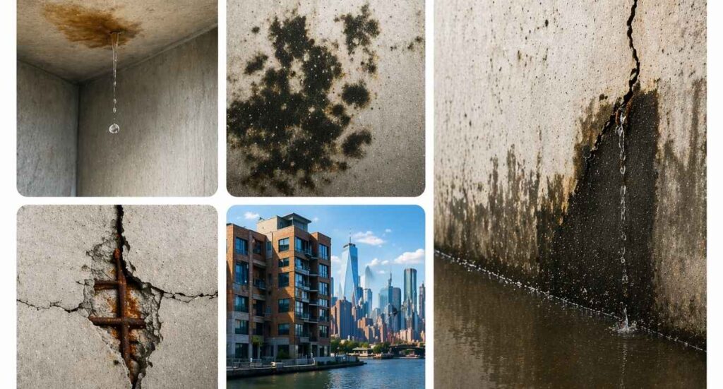 water damage signs in concrete walls including leaks mold cracks and moisture buildup in NYC properties