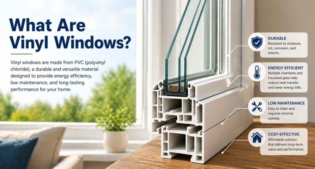 Close-up of vinyl window frame structure showing durable PVC material and insulated glass design used in modern homes