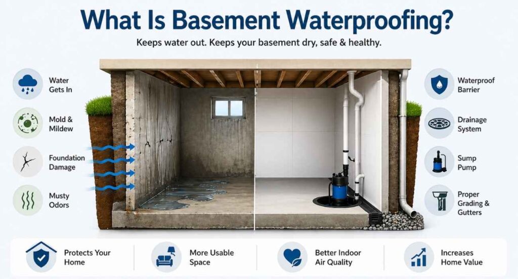 basement waterproofing illustration showing water damage vs protected basement with drainage system and sump pump