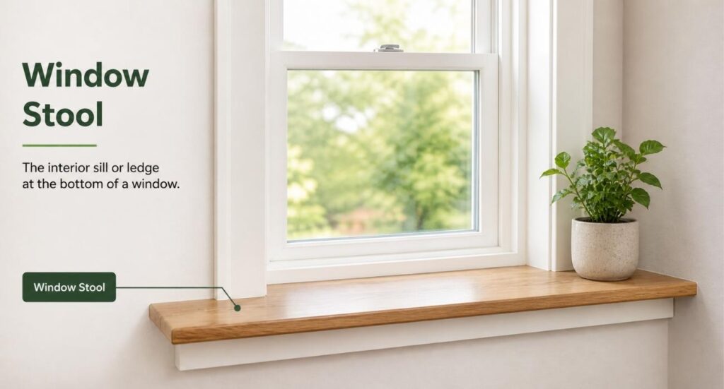 Clean interior view of a window stool, showing the flat horizontal ledge at the bottom of a window with a potted plant, illustrating the interior window sill design and structure