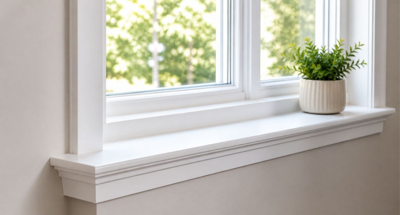 window stool Clean white window stool with modern interior trim and natural light coming through the window.