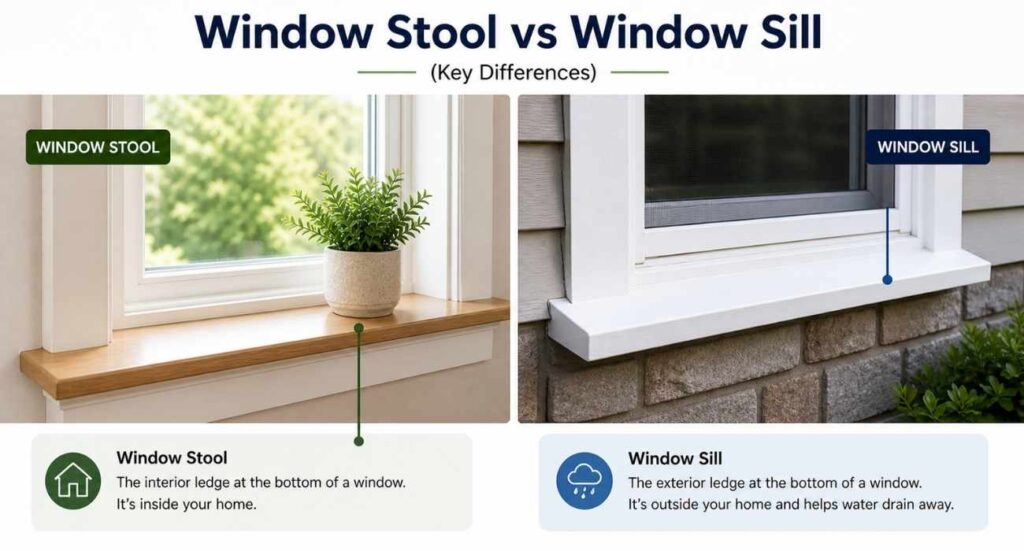Window stool vs window sill comparison showing interior wooden window stool inside a home and exterior sloped window sill outside designed for water drainage