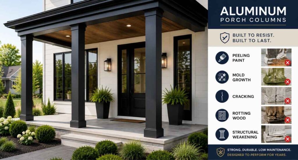 | Modern Front Porch Columns That Instantly Upgrade Curb Appeal Modern aluminum porch columns resisting peeling paint, mold growth, cracking, rotting wood, and structural weakening on a luxury home exterior.