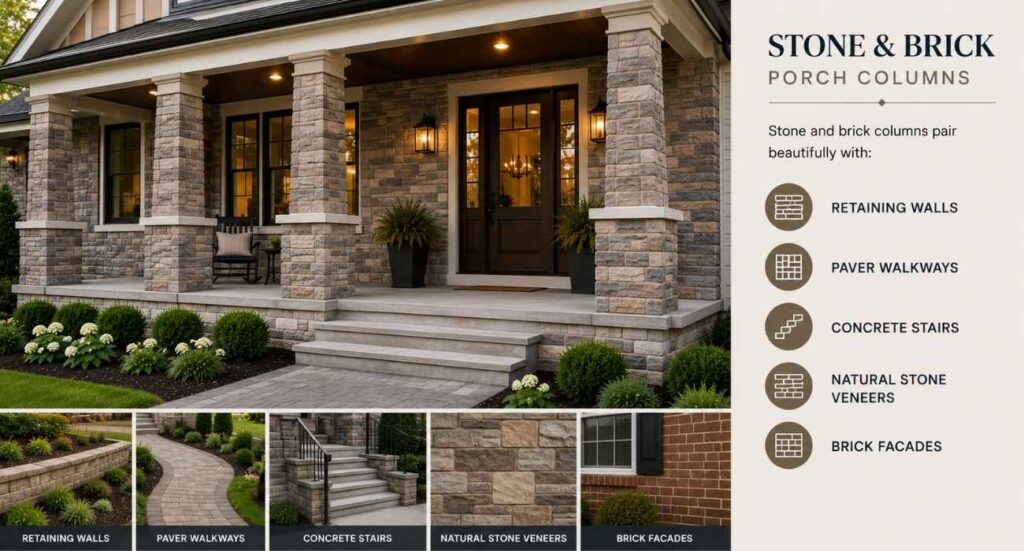 | Modern Front Porch Columns That Instantly Upgrade Curb Appeal Stone and brick porch columns paired with retaining walls, paver walkways, concrete stairs, natural stone veneers, and brick facades on a modern luxury home.