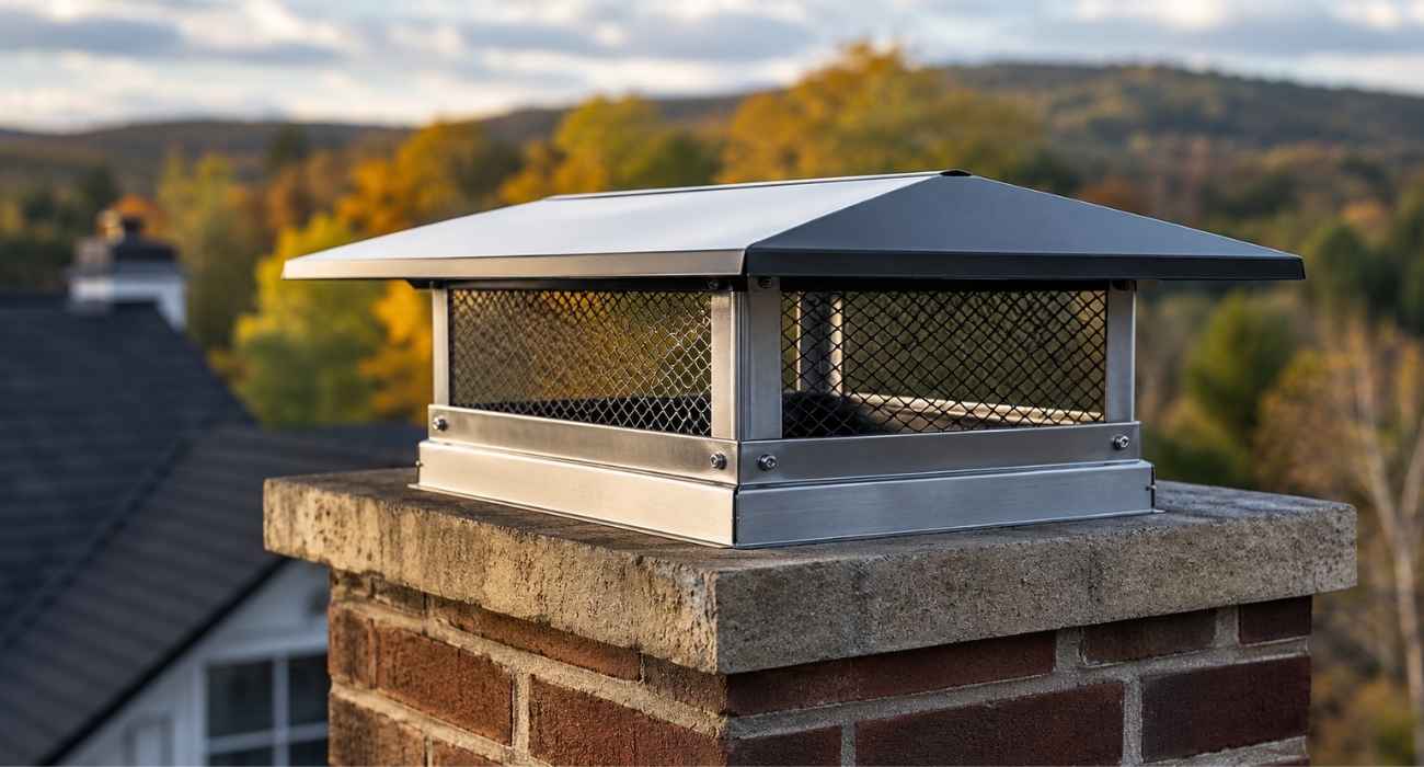 A realistic close-up image of a modern stainless steel cap for fireplace installed on a brick chimney, protecting it from weather, debris, and moisture while improving chimney durability and outdoor home safety.