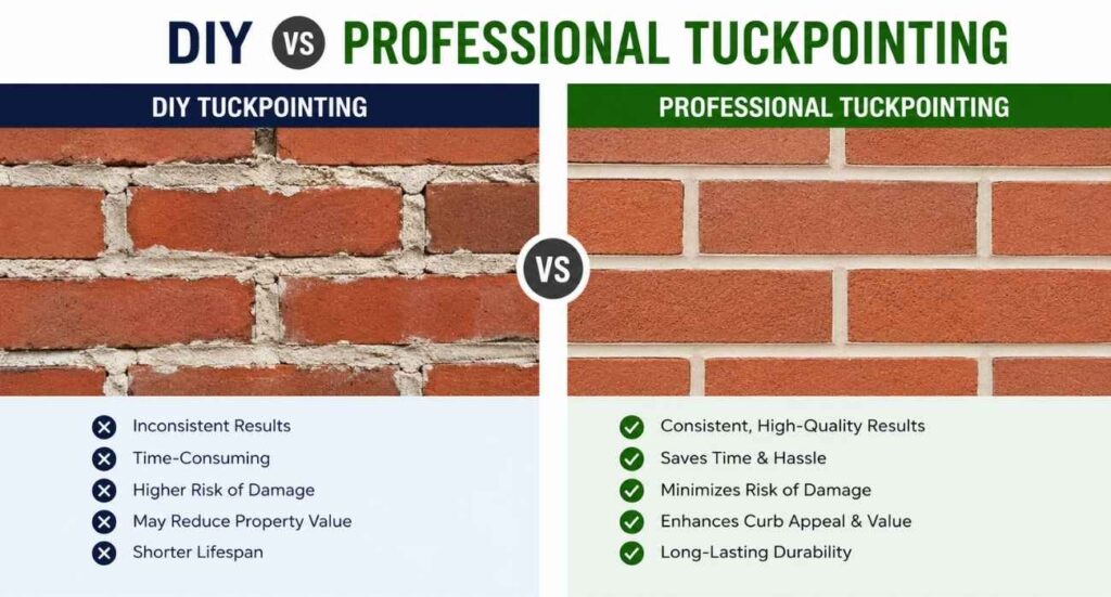 DIY vs professional tuckpointing comparison infographic showing differences in quality, cost, durability, and results between DIY tuckpointing and professional tuckpointing services.