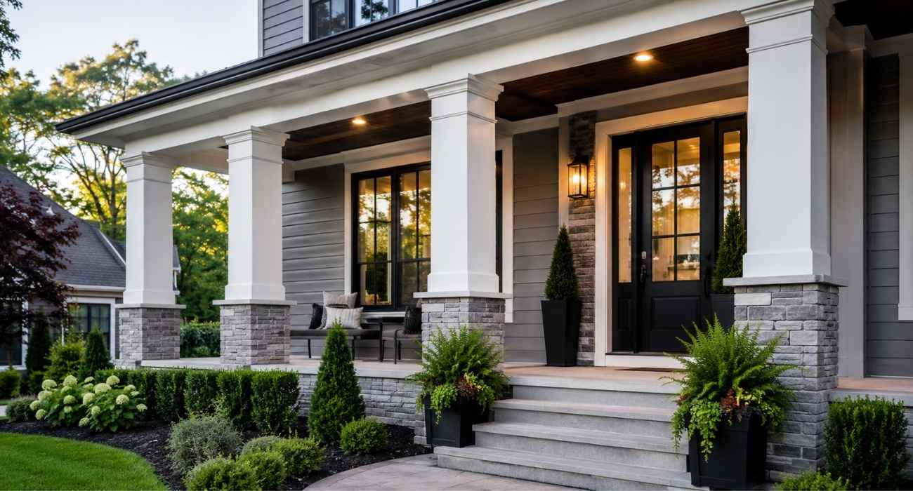 Modern front porch columns with stone bases and contemporary exterior home design for improved curb appeal.