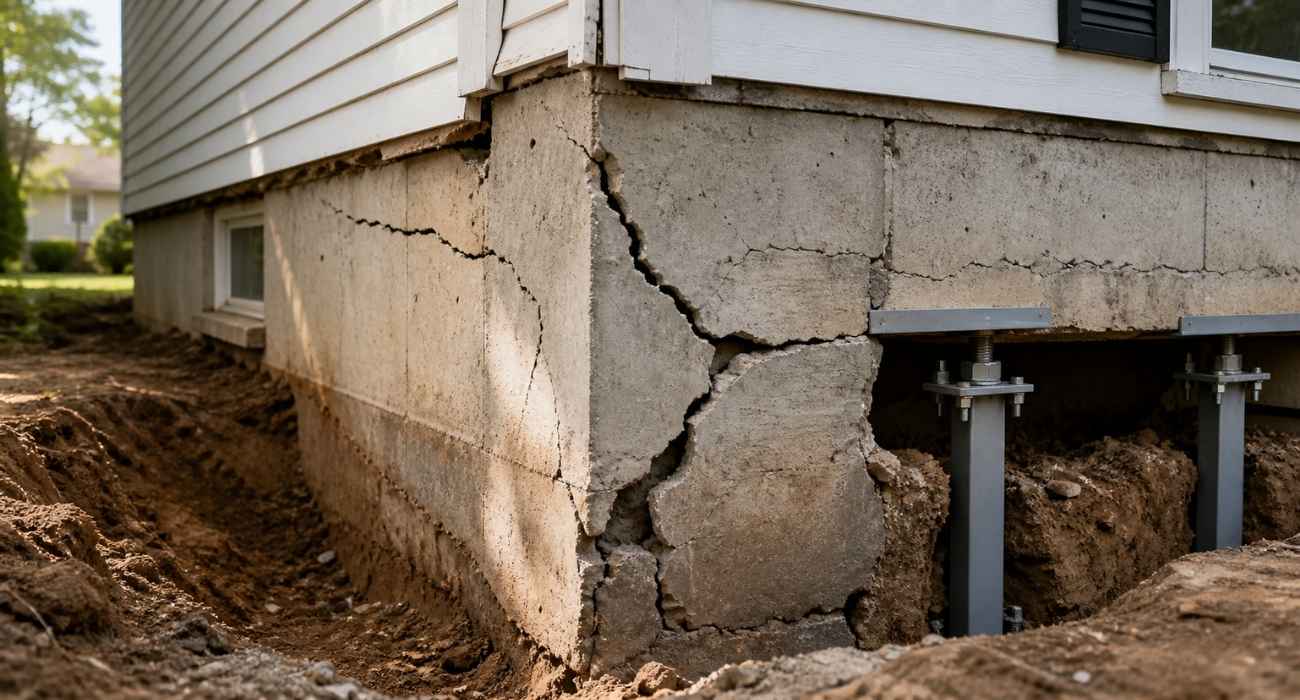 House foundation repair showing cracked concrete wall and structural pier installation to stabilize a damaged home foundation