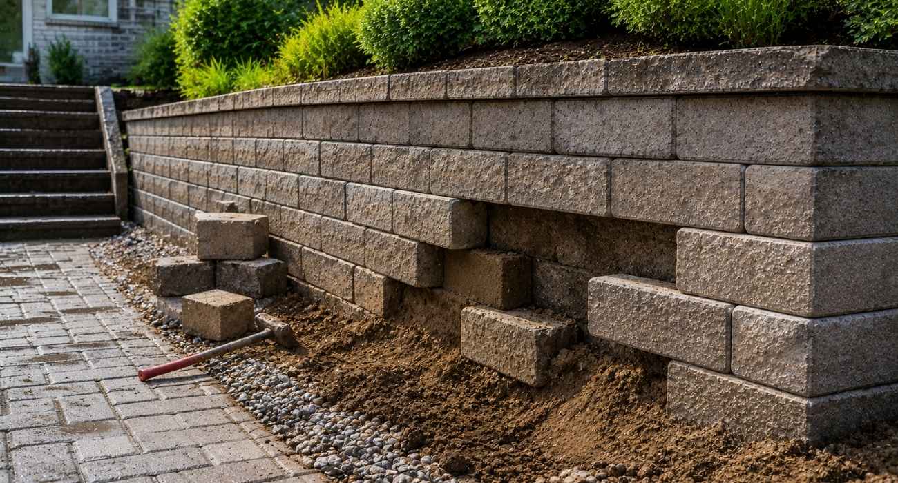 Retaining wall repair in progress with damaged concrete block wall, soil erosion, and structural stabilization work on residential landscape property.