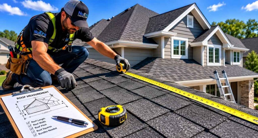 | How Many Bundles of Shingles in a Square? A Complete Homeowner's Roofing Guide Roofing professional measuring roof dimensions for accurate material calculations.