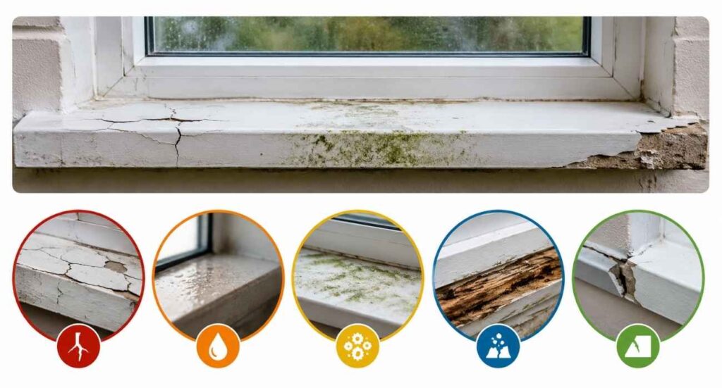 | Window Sills Explained: Types, Functions, Common Problems & Maintenance Guide showing signs of window sill damage