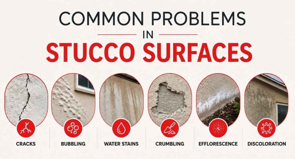 Common stucco surface problems including cracks, bubbling, water stains, crumbling, efflorescence, and discoloration displayed in a modern red and white infographic design. 